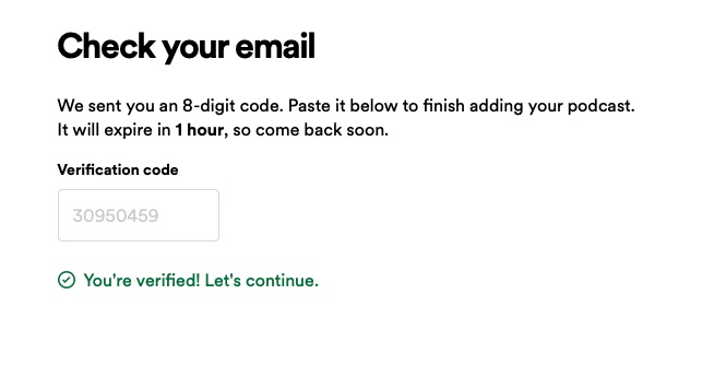 Verifying podcast by pasting email code